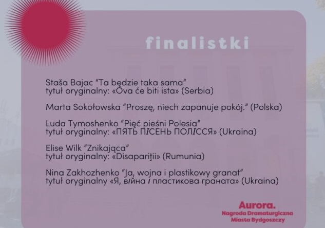 “Proszę, niech zapanuje pokój" Marty Sokołowskiej w finale AURORY Nagrody Dramaturgicznej Miasta Bydgoszczy